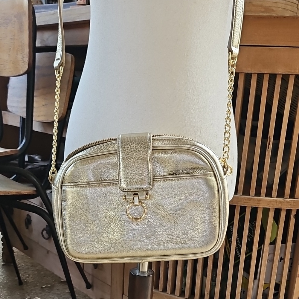 New No Tag Talbots Soft Pebbled Crossbody Bag Gold Leather With Chain Strap